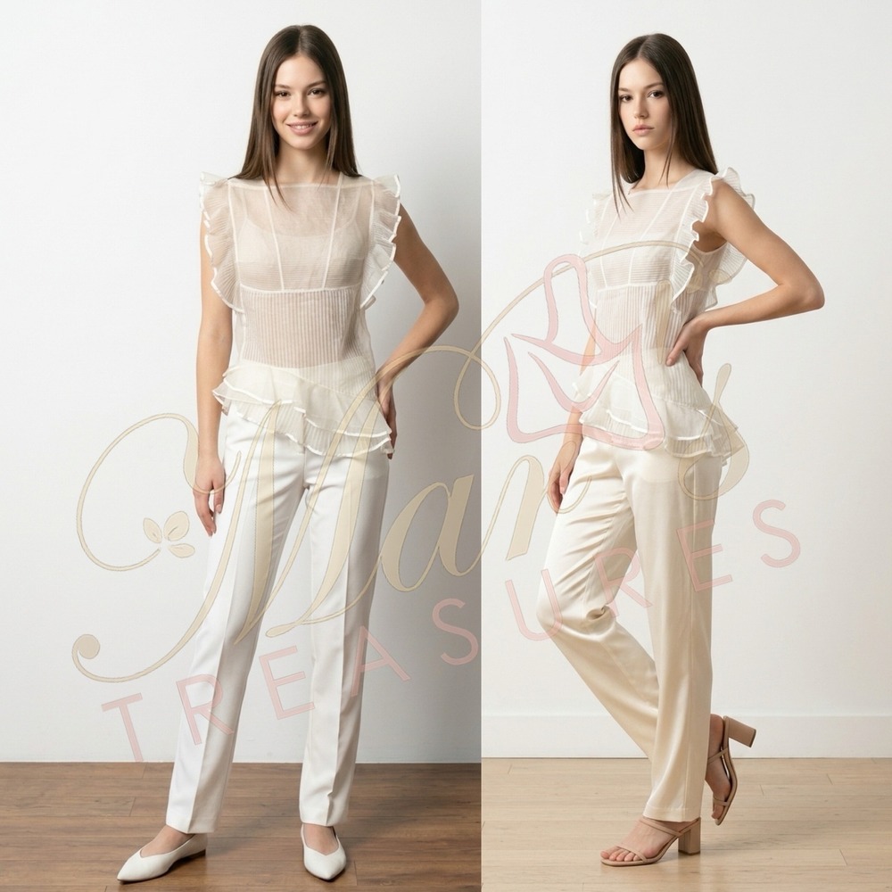 Isabel Etoile Marant Ivory White Silk Blend Ruffled Women's Sleeveless Blouse
